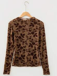 Acelitt Brown Floral Embossed Waffle Knit Slim Fit Long Sleeve Top, Wavy Hem Casual Round Neck T-Shirt - Brown - View 4