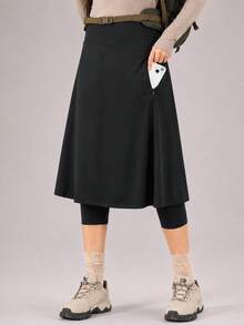 CZRLHYT Women's 26" Long Knee-Length Pants With Skirt, Tight-Fitting, High Waist Zipper Pocket Design - Black - View 1