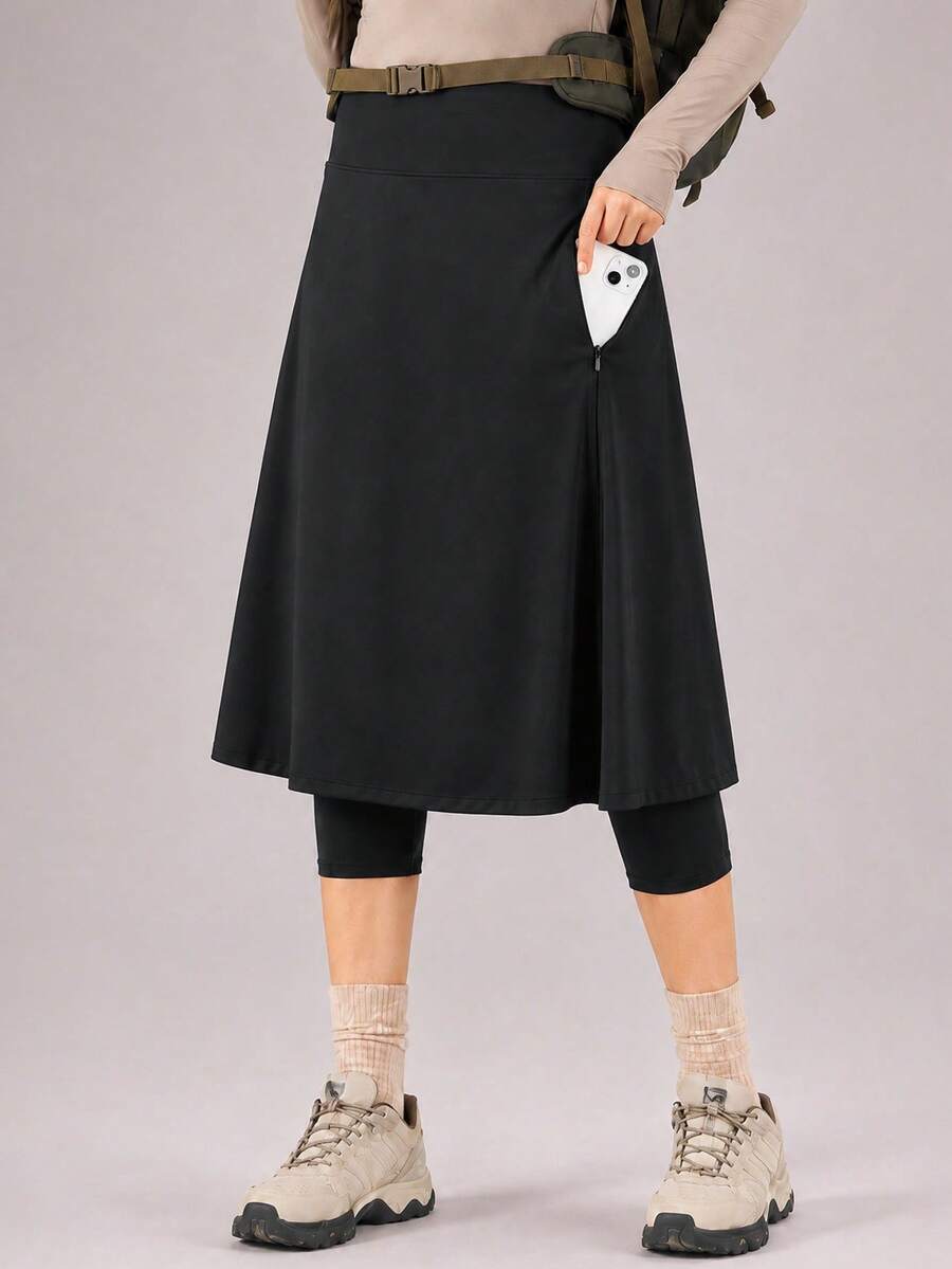 CZRLHYT Women's 26" Long Knee-Length Pants With Skirt, Tight-Fitting, High Waist Zipper Pocket Design - Black - View 1