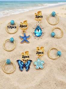 10/20pcs Ocean Theme Hair Ties, Bohemian Style Shell & Star Hair Accessories, Blue Crystal Bead Hair Rings For Braiding, Beach Vacation Mermaid Hair Accessories, Summer Hippie Style Girls Hair Accessories - Multicolor - View 8