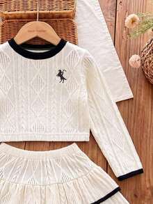 Girls' Fashion Embroidered Knit Top And Fashion Double Layer Patchwork Cake Skirt - Apricot - View 3