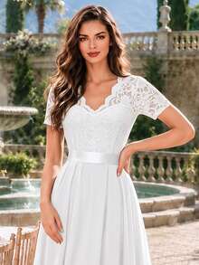 MIUSOL Elegant V-Neck Floral Lace Pleated Hem Chiffon Ball Gown Summer - White - View 11