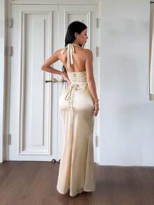 Women's Summer Halter Neck Ruched Dress, Suitable For Outings, Dates, Parties, Vacations, Beach - Champagne - View 7