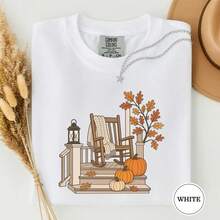 Autumn Cozy Gift T‑Shirt, Minimal Fall Porch Line Drawing Pumpkin Print Casual Unisex Round Neck Graphic Tee, Local Shipping - 白色 - 查看 7