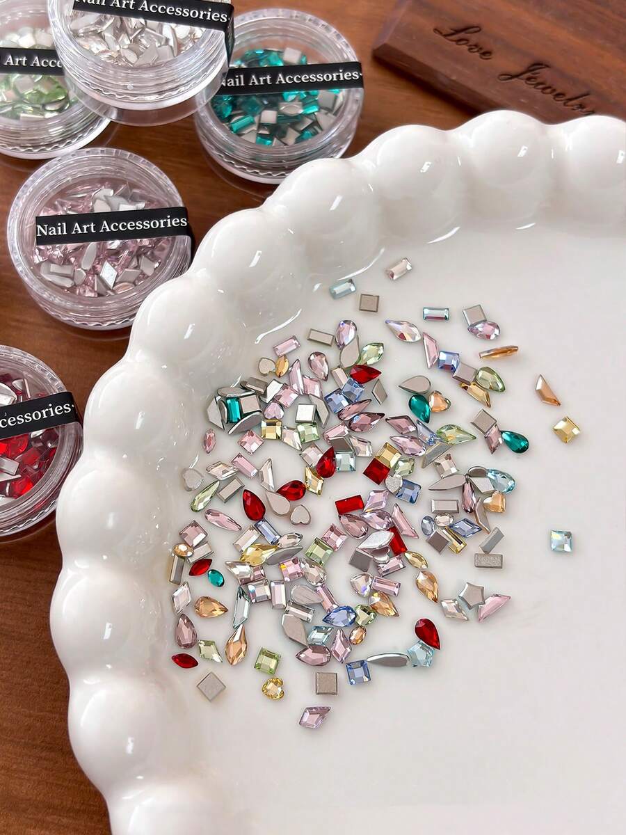 40pcs Flat Back Rhinestones Nail Art Decor, Sparkling K9 Mixed Heart, Water Drop, Irregular Shaped Rhinestones Nail Decoration, Glitter Nail Art Accessories