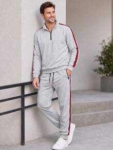 Men's Casual Sports Outfit Spring Autumn, Lapel Pullover Sweatshirt + Jogger Pants Two Pieces Set, Daily Work Fitness Running Wear Men's Suit - Light Grey - View 4