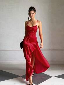 Vestido de fiesta rojo de verano con espalda descubierta, volantes y cuello cuadrado, elegante, adecuado para citas, vacaciones y playa - Rojo - Ver 2