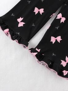 Sweet Bow Print Girls' Loungewear, Ruffle Trim Loose Long Sleeve Young Girl' Pajamas - Black - View 7