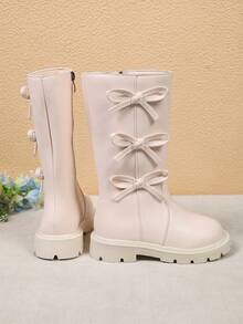 1 Pair Beige Bow Decor Soft PU Mid-Calf Classic Boots, Anti-Slip Wear-Resistant Rubber Soft Sole, Portable Side Zipper Princess Boots, Suitable For Daily Casual, Warm, Hiking, Home, Party, Outdoor Wear, Autumn/Winter New 2026 - Beige - View 7