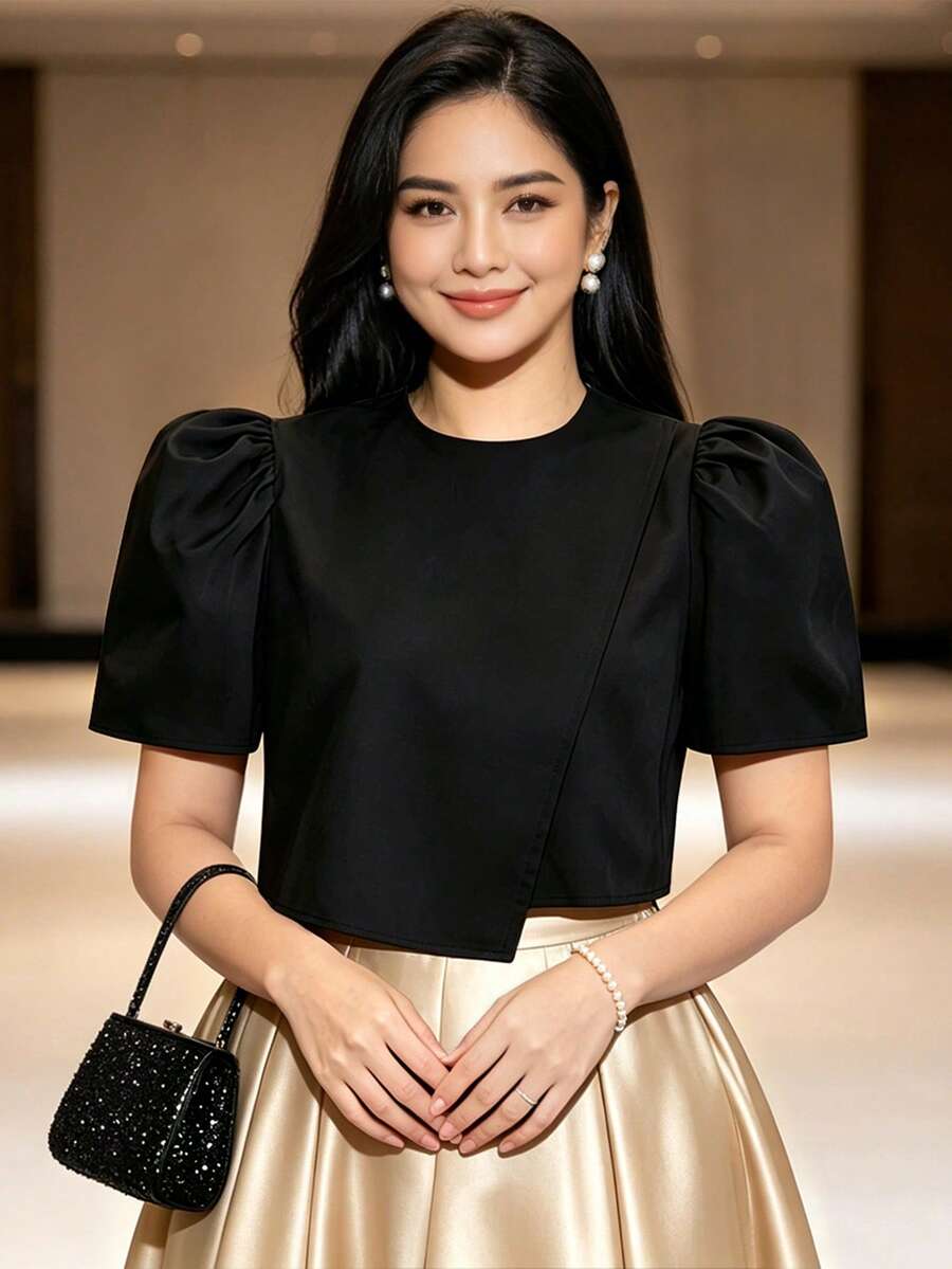 現代菲律賓風蝴蝶袖女式襯衫 - 黑色 - 查看 1