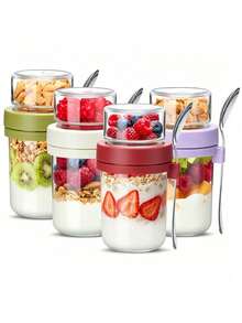 Overnight Oats Cup With Lid, Double Layer Chia Pudding Cup, Dry And Wet Separation, Leak-Proof Yogurt Fruit Cereal Salad Cup, Stackable Durable Glass Material, Suitable For Work, Gym, School, Travel, Refrigerator Storage - Multicolor - View 4