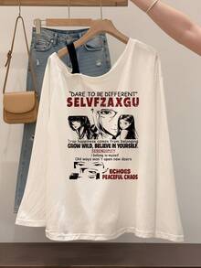 American Retro Anime Print Asymmetrical Shoulder Long Sleeve T-Shirt For Women, Asymmetrical Slanted Shoulder Design, Loose Slouchy Sexy Top - White - View 3