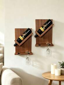 Rustic Wooden Wine Rack & Glass Holder: Wall-Mounted Home Decor, Floating Wooden Wine Bottle Rack, Wine Glass Holder, Suitable For Home, Kitchen, Dining Room And Bar Decoration - Multicolor - View 2