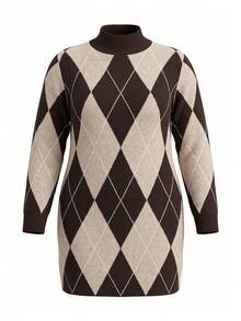 Plus Size Women's Diamond Lattice Long Sleeve Casual Knit Dress - Multicolor - View 7