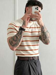 Men's Casual Black & White Striped Knit Short Sleeve T-Shirt - Orange - View 2