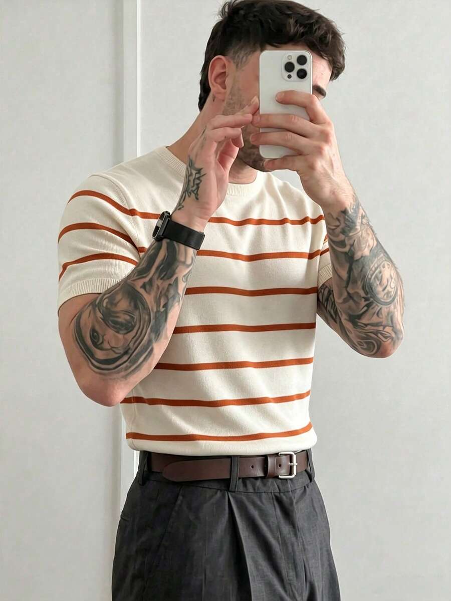 Men's Casual Black & White Striped Knit Short Sleeve T-Shirt