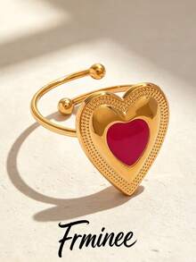 Frminee 1pc 18K Gold Plated Enamel Heart Open Stainless Steel Ring, Red Heart Adjustable Statement Ring, Waterproof Jewelry, Romantic Jewelry For Women - Multicolor - View 5
