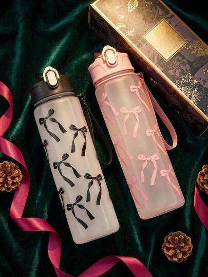 800ml Cute Bow Print Frosted Plastic Water Bottle, Portable Leak-Proof Flip Lid Water Cup With Strap, Suitable For Women, Sports, Travel, Daily Use Large Capacity Water Bottle, Outdoor Garden Decor, Room Decor, Teacher Gift, Wedding Decor, Holiday Accessory, Garden, DIY, Bedroom Decor, Kitchen Decor, Dorm Essentials, Storage Room, Travel Essentials, Bachelorette Party Supplies, Desk Accessories, Autumn Home Decor, Home Goods, Family Essentials, Gift For Women, Gift For Men