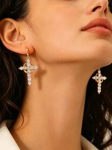 Elegant Vintage Cross Dangle Earrings, Copper Base With Clear Rhinestone Inlay, Women's Date Earrings - Gold - View 2