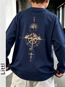 Tween Boys Long Sleeve Tee, Vintage Compass Mountain Adventure Graphic Crew Neck Soft Fall Casual Tops - Navy Blue - View 1