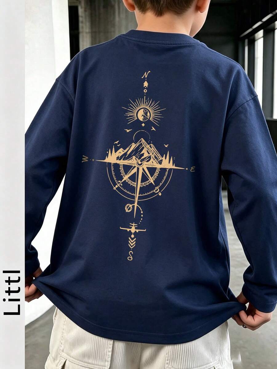 Tween Boys Long Sleeve Tee, Vintage Compass Mountain Adventure Graphic Crew Neck Soft Fall Casual Tops - Navy Blue - View 1