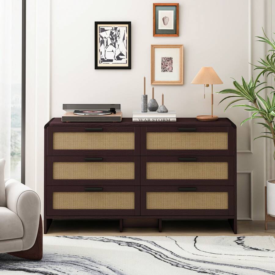 130CM Arc Shaped Corner Rattan Cabinet, 6-Drawers Rattan Storage Cabinet Rattan Drawer, For Living Room Bedroom,And Kitchen, Reddish-Brown, Brown - 棕色 - 查看 1