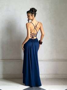 Summer Blue Backless Ruffle Square Neck Party Dress, Elegant Dress Suitable For Dating, Vacation, Beach - Navy Blue - View 4