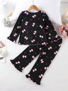 Sweet Bow Print Girls' Loungewear, Ruffle Trim Loose Long Sleeve Young Girl' Pajamas - Black - View 2