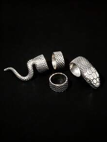 4Pcs Vintage Silver Tone Snake Pattern Rings Set Retro Textured Knuckle Rings Punk Style Women Party Jewelry - Antique Silver - View 3