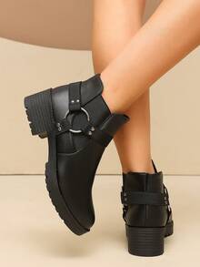 Women's Round Toe Chunky Heel Chelsea Ankle Boots With Metal Ring Buckle Decor, Cool Style, Autumn/Winter Daily Commute - Black - View 5