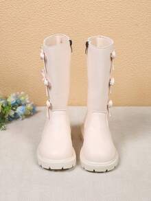 1 Pair Beige Bow Decor Soft PU Mid-Calf Classic Boots, Anti-Slip Wear-Resistant Rubber Soft Sole, Portable Side Zipper Princess Boots, Suitable For Daily Casual, Warm, Hiking, Home, Party, Outdoor Wear, Autumn/Winter New 2026 - Beige - View 4