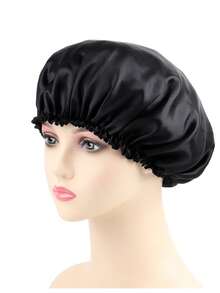2 Buah Topi Tidur Satin Elegan dan Bernapas - Topi Tidur Elastis, Ruffle Dua Lapis, Topi Tidur Satin Sutra Wanita - Hitam - View 7