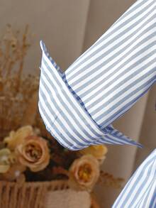 Korean Style Girls Striped Shirt Dress 2-Piece Set, 3D Floral Knit Vest, Baby Spring Autumn Princess Outfit - Blue - View 3