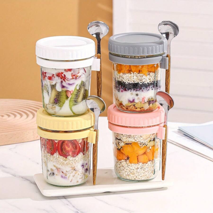 2pcs Reusable Overnight Oats Jars With Lids And Spoons 4-Piece Set, Large Capacity Airtight Oats Container With Measurement Lines, Portable Salad Cups, Suitable For Yogurt, Cereal, Milk - Multicolor - View 1