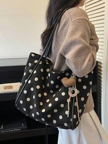 1件女款秋冬新款大容量拼色單肩托特包，時尚通勤包，適合辦公室、學校、休閒穿搭 - 黑色 - 查看 5