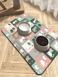1pc Multicolored Plaid Cat-Pattern Pet Feeding Mat – Cute Design And Easy To Clean; Suitable For Both Cats And Dogs And Highly Convenient For Outdoor Use. Stylish Yet Practical-An Ideal Choice For Pet Owners. - View 2