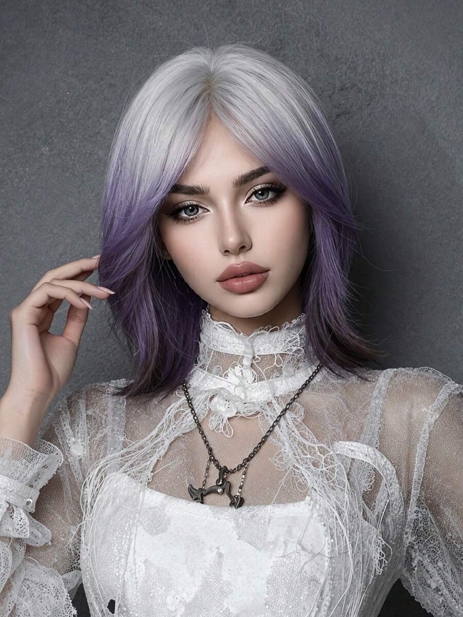 Ombre Silver To Dark Purple Medium Length Layered Synthetic Wig Middle Part, Natural Soft Heat Resistant Full Wig For Daily Cosplay Party Halloween