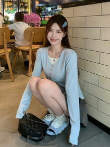Women's 2 In 1 Patchwork Button Design Long Sleeve T-Shirt, Autumn Base Layer Top - Blue - View 7