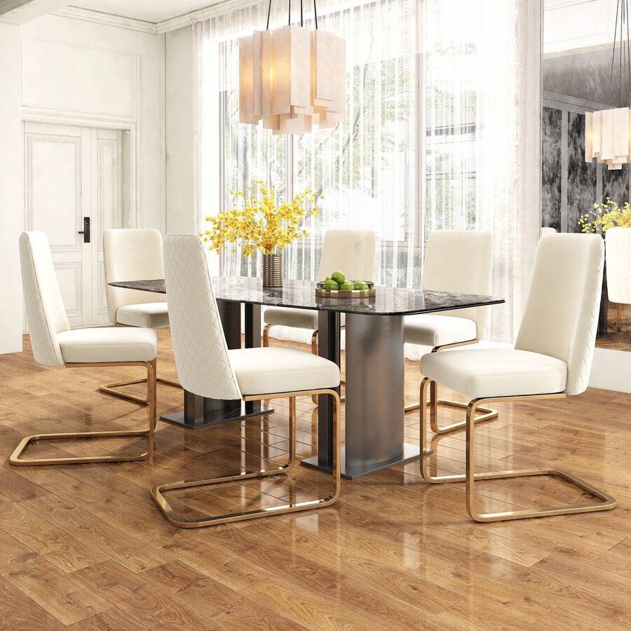 Velvet Dining Chair Set Of 6, Beige - 米色 - 查看 1