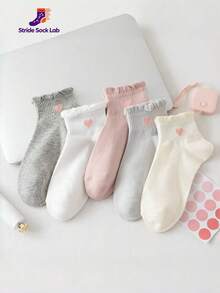 5 Pairs Women's Korean Style Minimalist Coffee Color Heart Pattern Non-Slip Breathable Lace Summer Short Socks, Breathable Casual Short Socks, Soft Comfortable Daily Wear Short Socks, Random Color - Multicolor - View 4