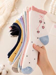 1/5/10pcs Women's Random Bow Heart Polka Dot Multi-Color Solid Minimalist Fashion Mid-Calf Socks, Soft Comfortable All-Season Versatile Preppy Casual Sports Suitable For Daily Wear, Gatherings And Outings - Multicolor - View 1