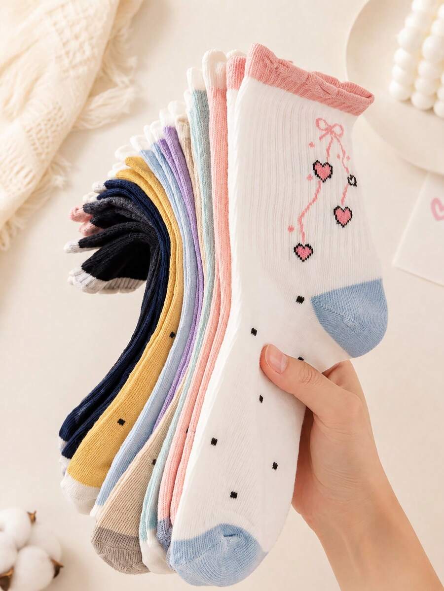 1/5/10pcs Women's Random Bow Heart Polka Dot Multi-Color Solid Minimalist Fashion Mid-Calf Socks, Soft Comfortable All-Season Versatile Preppy Casual Sports Suitable For Daily Wear, Gatherings And Outings - Multicolor - View 1