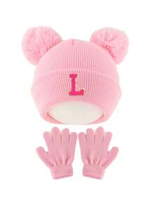 3pcs/Set Girls Winter Hat & Gloves Set, Suitable For 3-8 Years Old, A-Z Letter Knitted Knitted Hat With Pom Pom Ears, Elastic Warm Matching Gloves, Suitable For Cold Weather - Pink - View 8