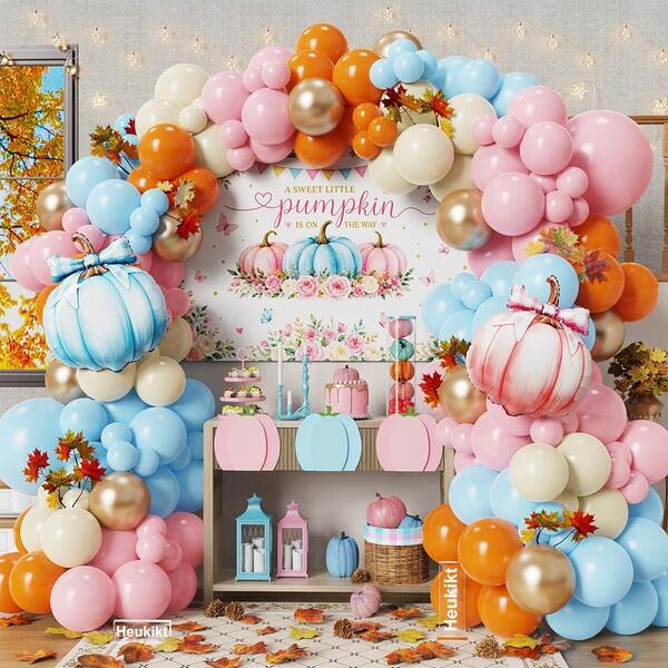  Thanksgiving Fall Pumpkin Balloon Arch Kit Burnt Orange Pink Blue Balloon Garland Pink Blue Bow Foil Pumpkin Balloon For Boy Girl Gender Reveal Fall Baby Shower Birthday Wedding Thanksgiving Party Decorations