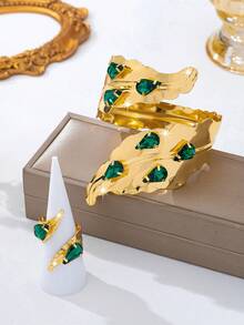 2pcs/Set Fashionable Luxurious Old Money Style Metal Spiral Round Ring Inlaid With Green Gemstone Suitable For Women's Daily Wear, Party, Gathering Bracelet And Ring Set - Golden - View 3