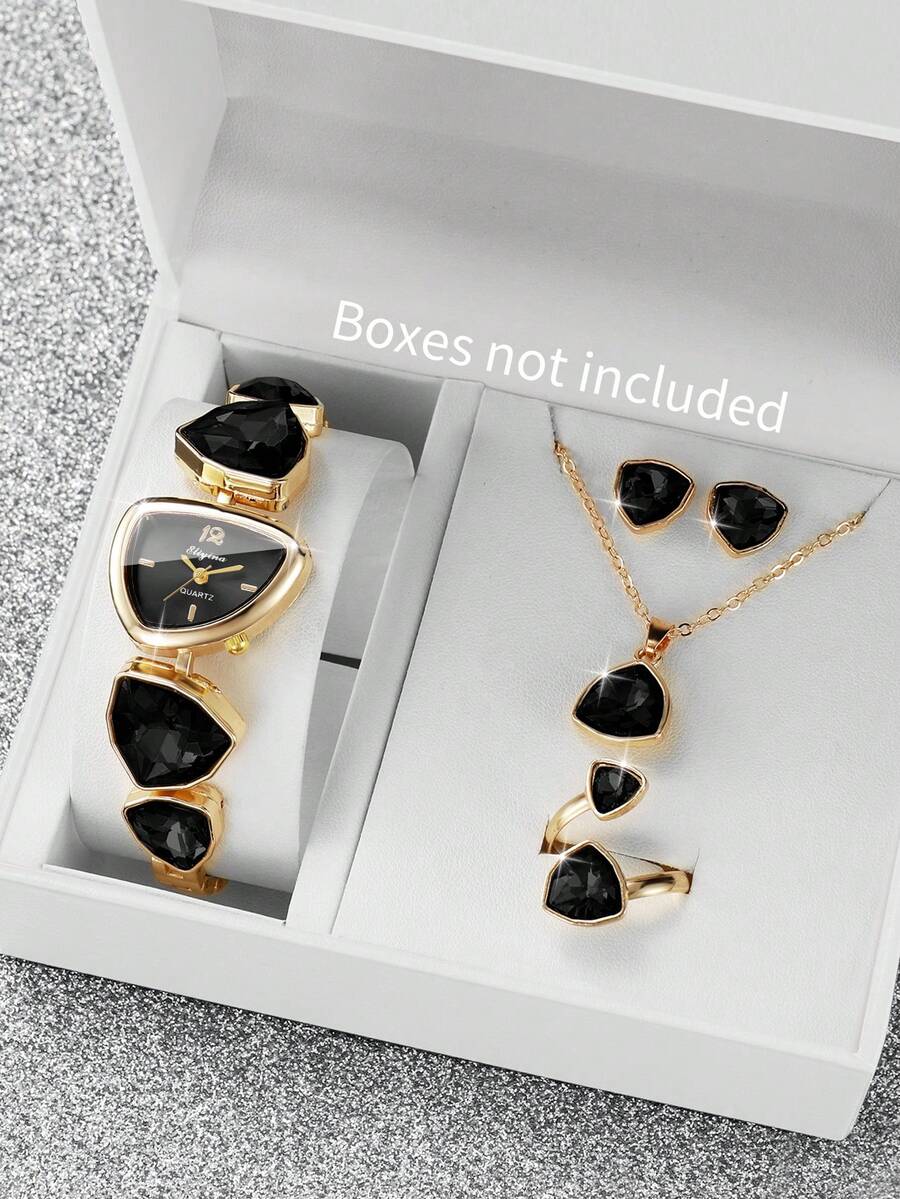 Women's Classic Fashion Gemstone Inlaid Triangle Number Dial Bracelet Quartz Watch + Jewelry Set (5pcs/Set) Watch Box Not Included - Black - View 1