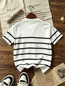 Big Kids Classic Colorblock Striped Knit Polo Shirt, Breathable Lightweight Casual Knit Top - White - View 4