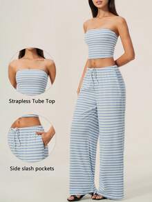 TimeOff Women's One Set Striped Strapless Bandeau Tank Top With Drawstring Waist And Side Pockets Wide Leg Pants 2 Pieces Set - Baby Blue - View 11