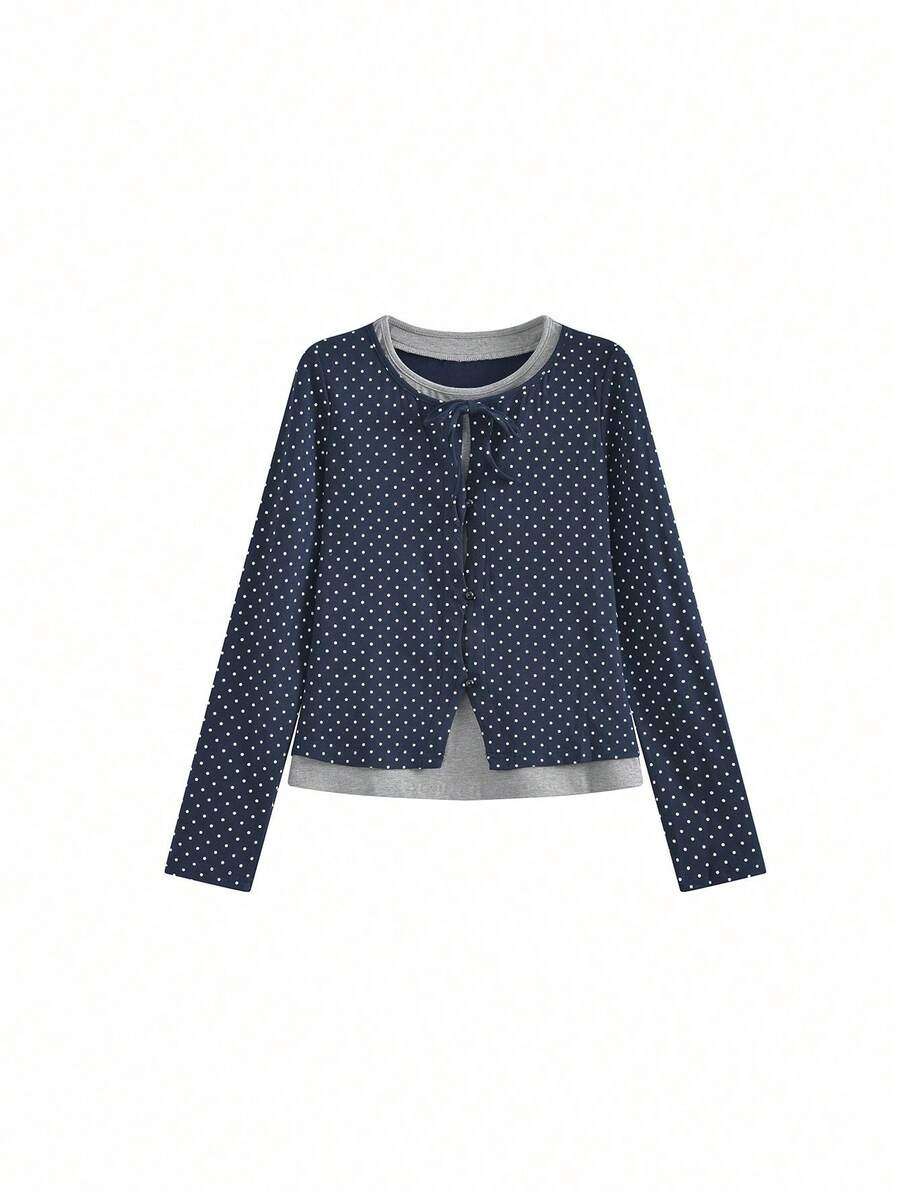 Women's 2 In 1 Polka Dot Colorblock Long Sleeve T-Shirt, Spring Niche Design Slim Fit Base Layer Top - Navy - View 1