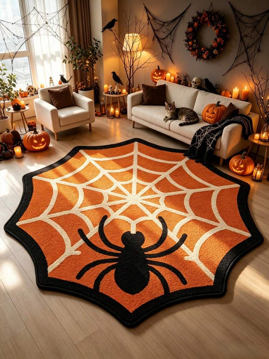 1 Peça Tapete de Chão com Padrão de Teia de Aranha Alienígena em Bottom Laranja de Halloween, Tapete Decorativo, Tapete de Chão, Tapete de Sala de Estar, Tapete de Halloween, Tapete de Feriado - Multicolorido - Visão 1